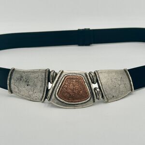 Vintage Chicos Faux Leather Belt Metal Pewter Copper Buckle Adjustable Size M/L